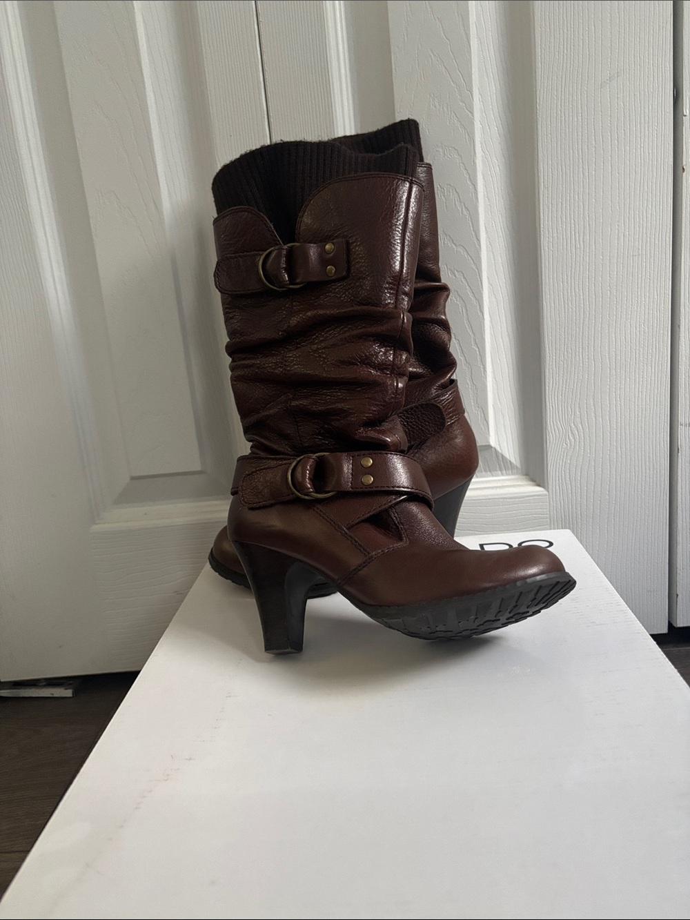 Aldo Dark Brown Mid-Calf Heeled Buckle Boots